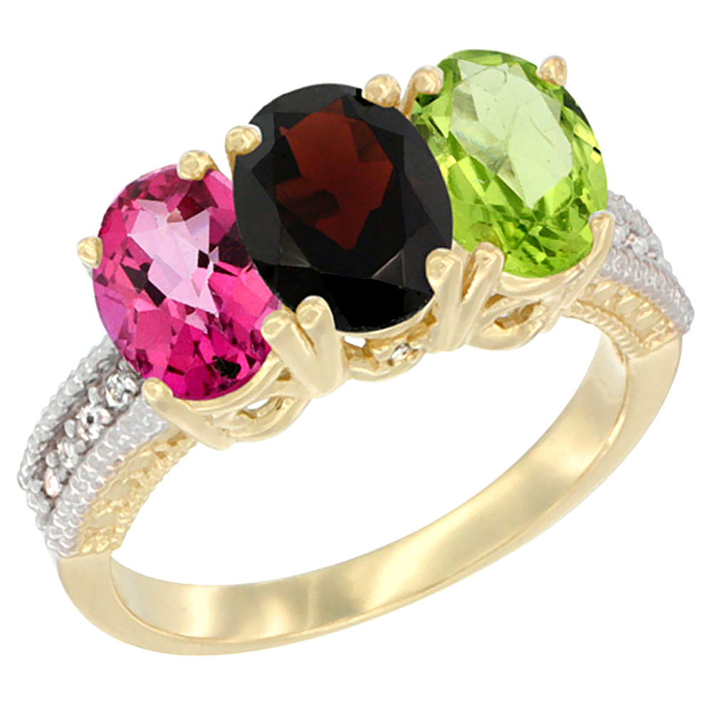 14K Yellow Gold Natural Pink Topaz, Garnet & Peridot Ring 3-Stone 7x5 mm Oval Diamond Accent, sizes 5 - 10
