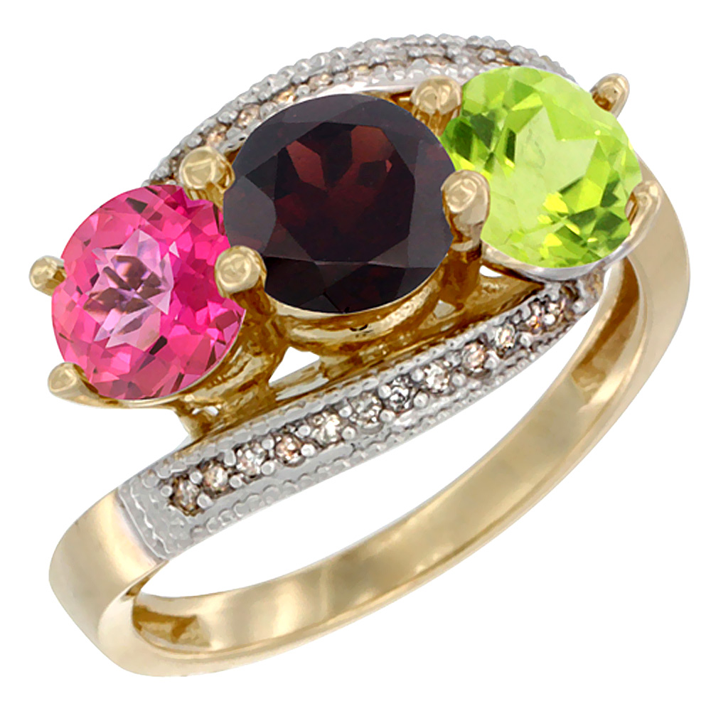 10K Yellow Gold Natural Pink Topaz, Garnet &amp; Peridot 3 stone Ring Round 6mm Diamond Accent, sizes 5 - 10