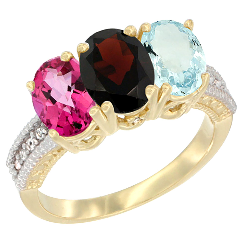 14K Yellow Gold Natural Pink Topaz, Garnet & Aquamarine Ring 3-Stone 7x5 mm Oval Diamond Accent, sizes 5 - 10