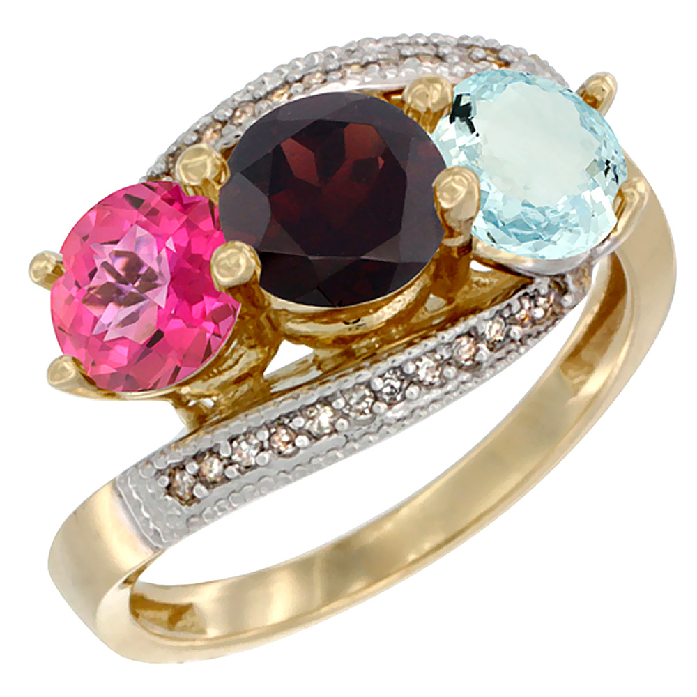 10K Yellow Gold Natural Pink Topaz, Garnet &amp; Aquamarine 3 stone Ring Round 6mm Diamond Accent, sizes 5 - 10