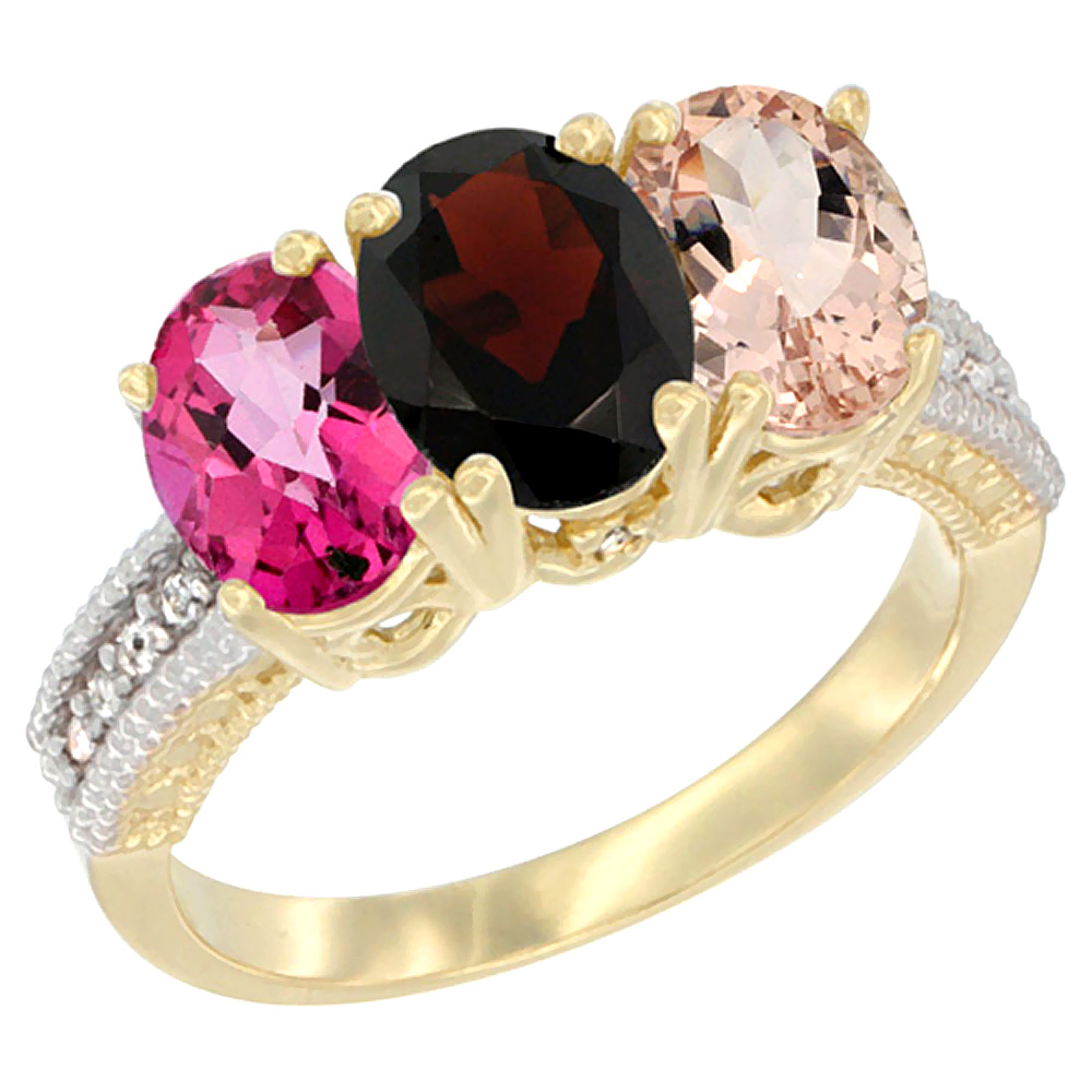 10K Yellow Gold Diamond Natural Pink Topaz, Garnet &amp; Morganite Ring 3-Stone Oval 7x5 mm, sizes 5 - 10