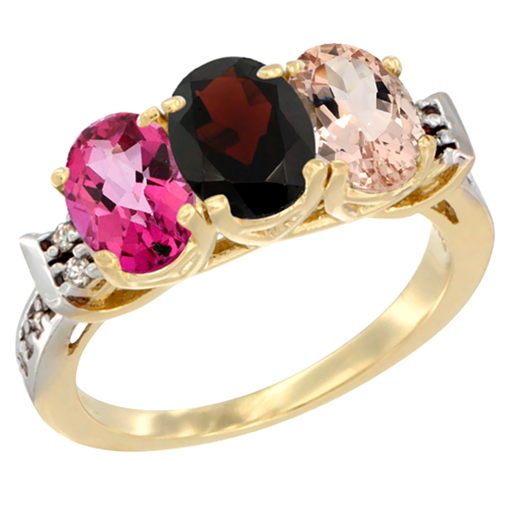 10K Yellow Gold Natural Pink Topaz, Garnet & Morganite Ring 3-Stone Oval 7x5 mm Diamond Accent, sizes 5 - 10