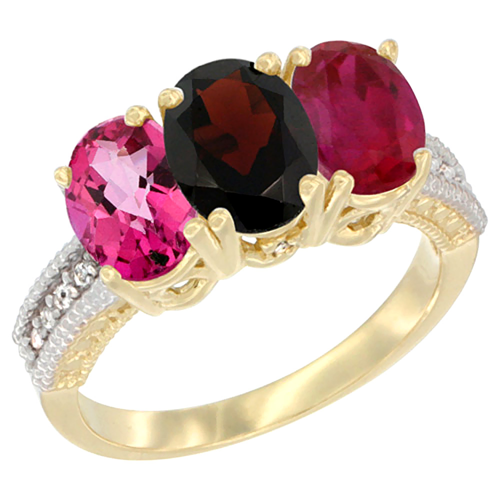 10K Yellow Gold Diamond Natural Pink Topaz, Garnet &amp; Ruby Ring 3-Stone Oval 7x5 mm, sizes 5 - 10