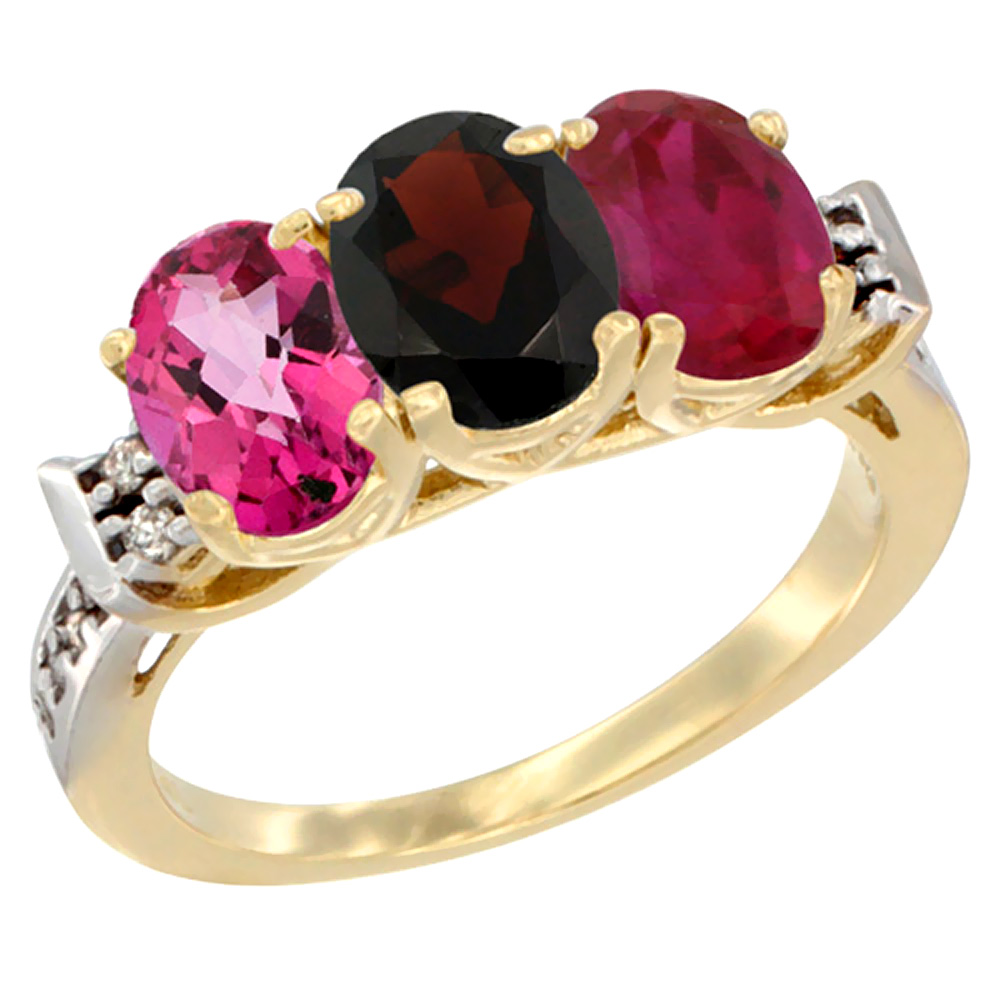10K Yellow Gold Natural Pink Topaz, Garnet & Enhanced Ruby Ring 3-Stone Oval 7x5 mm Diamond Accent, sizes 5 - 10