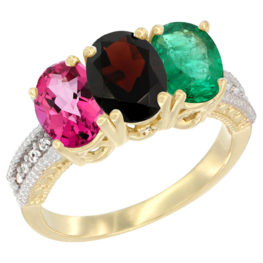 10K Yellow Gold Diamond Natural Pink Topaz, Garnet &amp; Emerald Ring 3-Stone Oval 7x5 mm, sizes 5 - 10