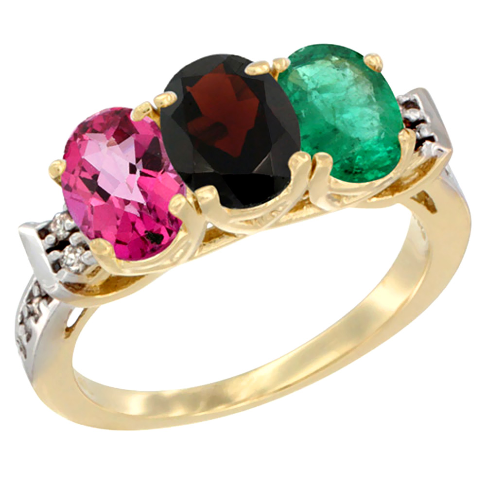 14K Yellow Gold Natural Pink Topaz, Garnet & Emerald Ring 3-Stone 7x5 mm Oval Diamond Accent, sizes 5 - 10