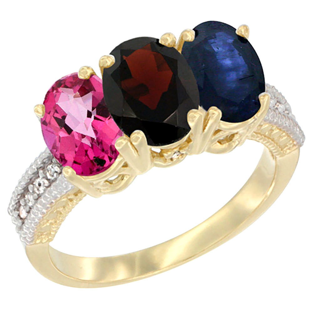14K Yellow Gold Natural Pink Topaz, Garnet & Blue Sapphire Ring 3-Stone 7x5 mm Oval Diamond Accent, sizes 5 - 10