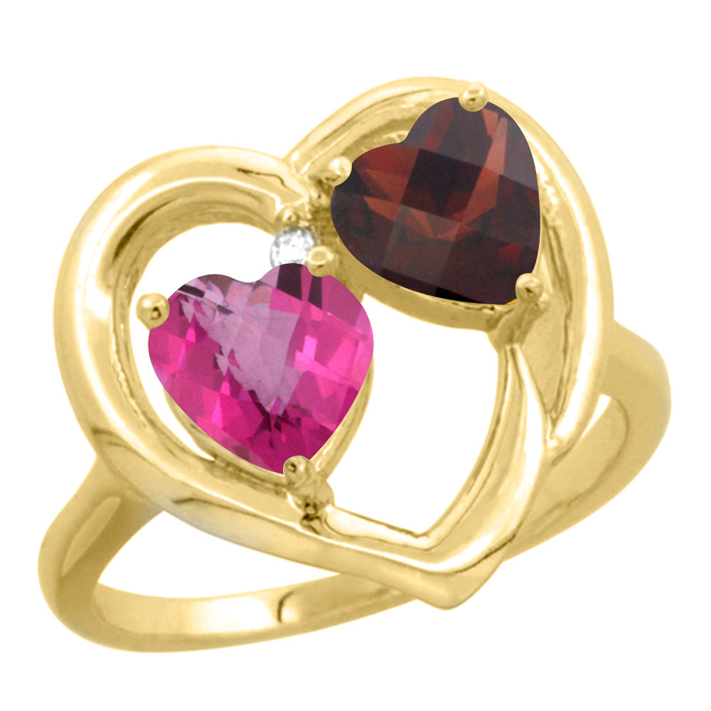 14K Yellow Gold Diamond Two-stone Heart Ring 6 mm Natural Pink Topaz &amp; Garnet, sizes 5-10
