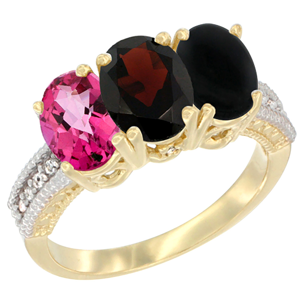 14K Yellow Gold Natural Pink Topaz, Garnet &amp; Black Onyx Ring 3-Stone 7x5 mm Oval Diamond Accent, sizes 5 - 10