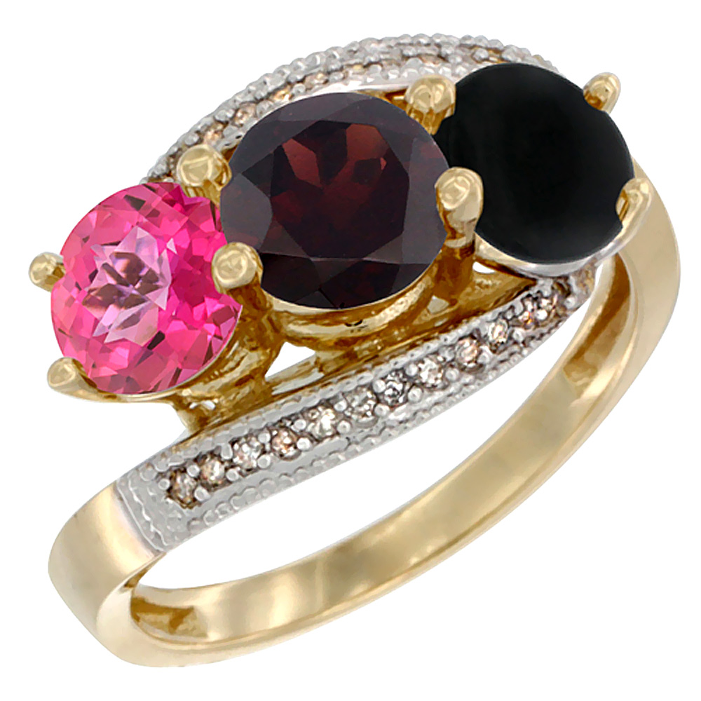 10K Yellow Gold Natural Pink Topaz, Garnet &amp; Black Onyx 3 stone Ring Round 6mm Diamond Accent, sizes 5 - 10