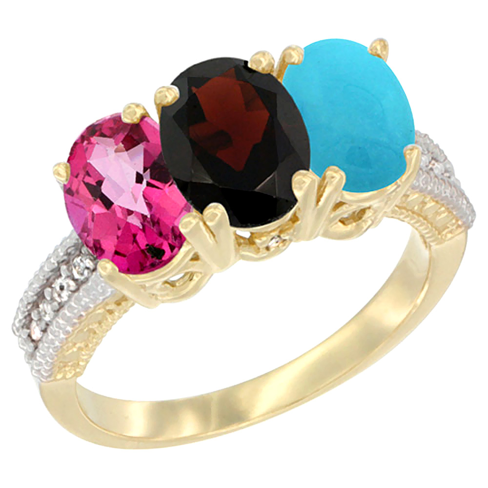10K Yellow Gold Diamond Natural Pink Topaz, Garnet &amp; Turquoise Ring 3-Stone Oval 7x5 mm, sizes 5 - 10