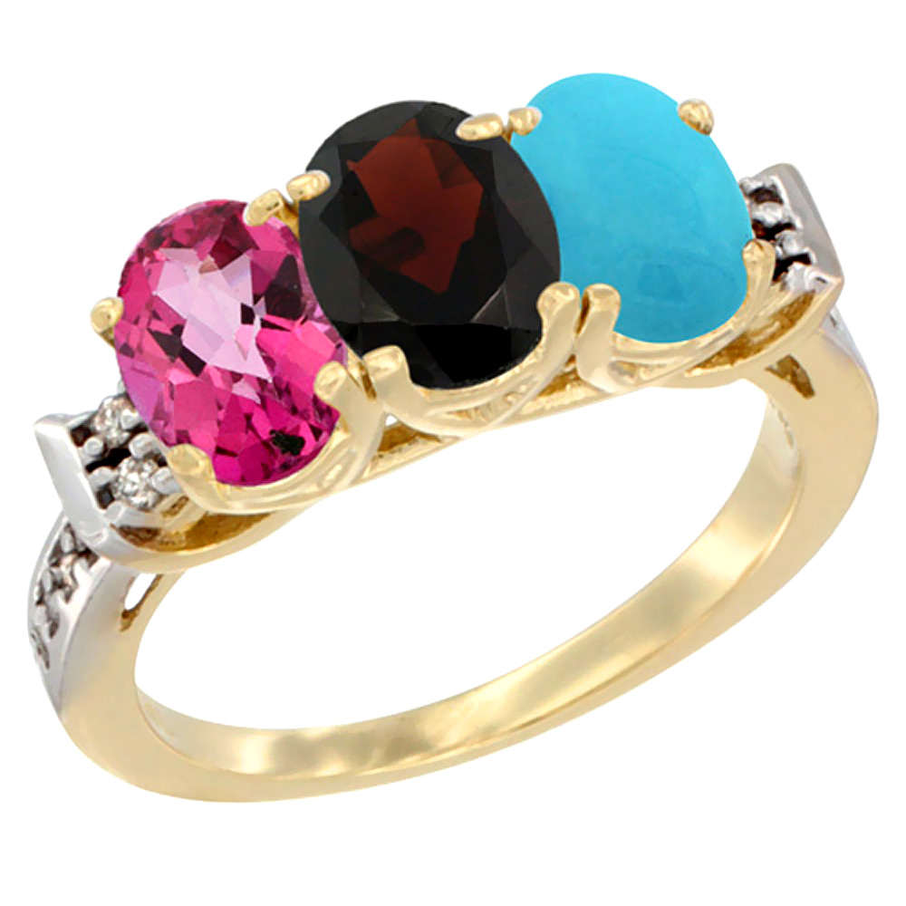14K Yellow Gold Natural Pink Topaz, Garnet & Turquoise Ring 3-Stone 7x5 mm Oval Diamond Accent, sizes 5 - 10