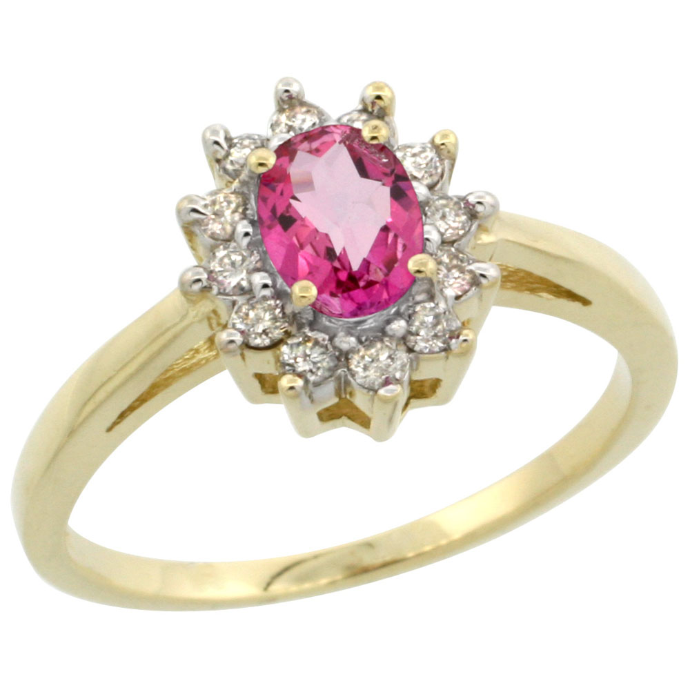 14K Yellow Gold Natural Pink Topaz Flower Diamond Halo Ring Oval 6x4 mm, sizes 5-10