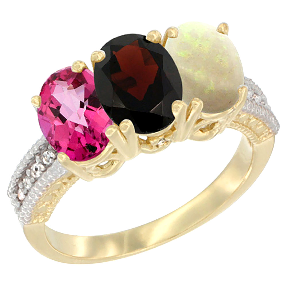 10K Yellow Gold Diamond Natural Pink Topaz, Garnet & Opal Ring 3-Stone Oval 7x5 mm, sizes 5 - 10
