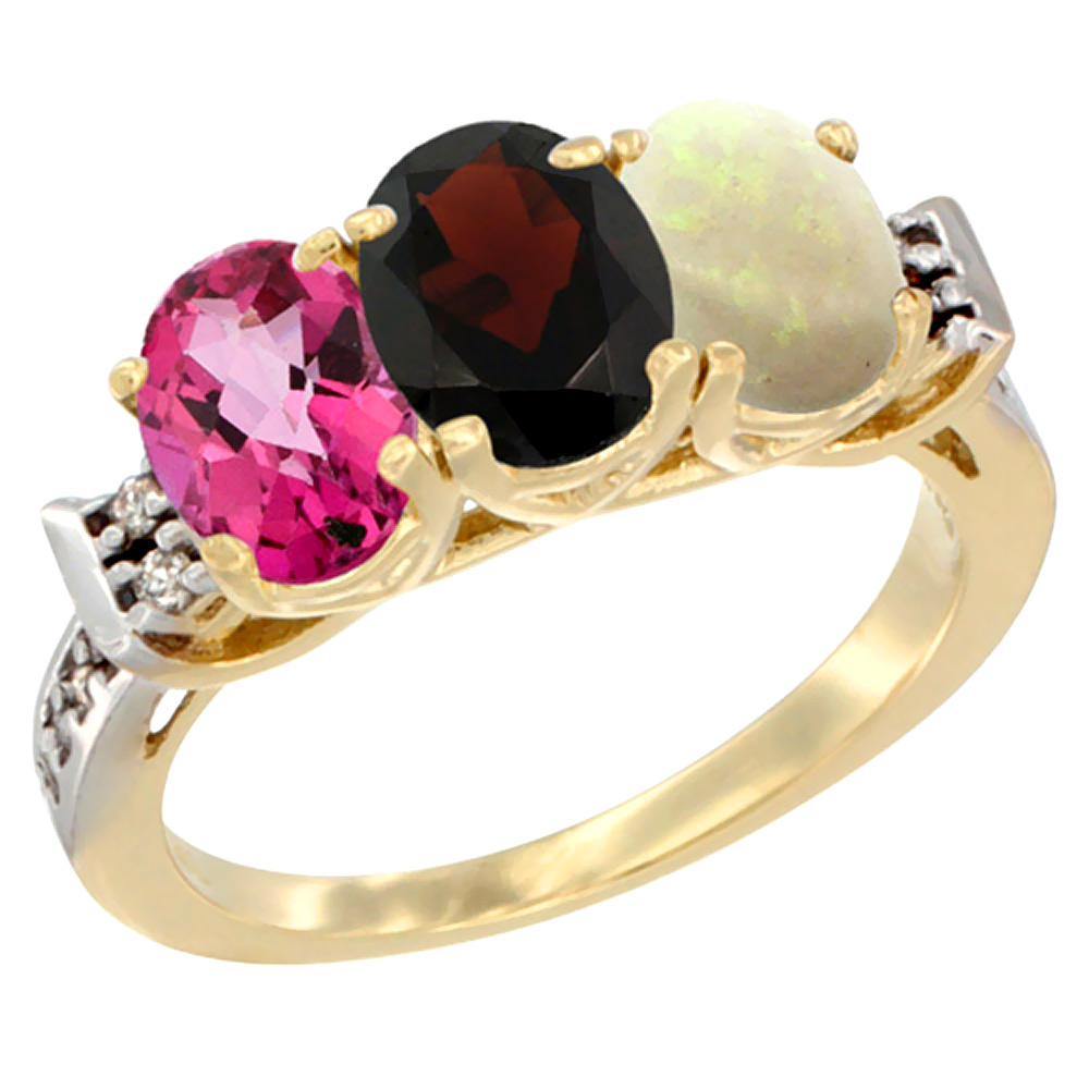 10K Yellow Gold Natural Pink Topaz, Garnet & Opal Ring 3-Stone Oval 7x5 mm Diamond Accent, sizes 5 - 10