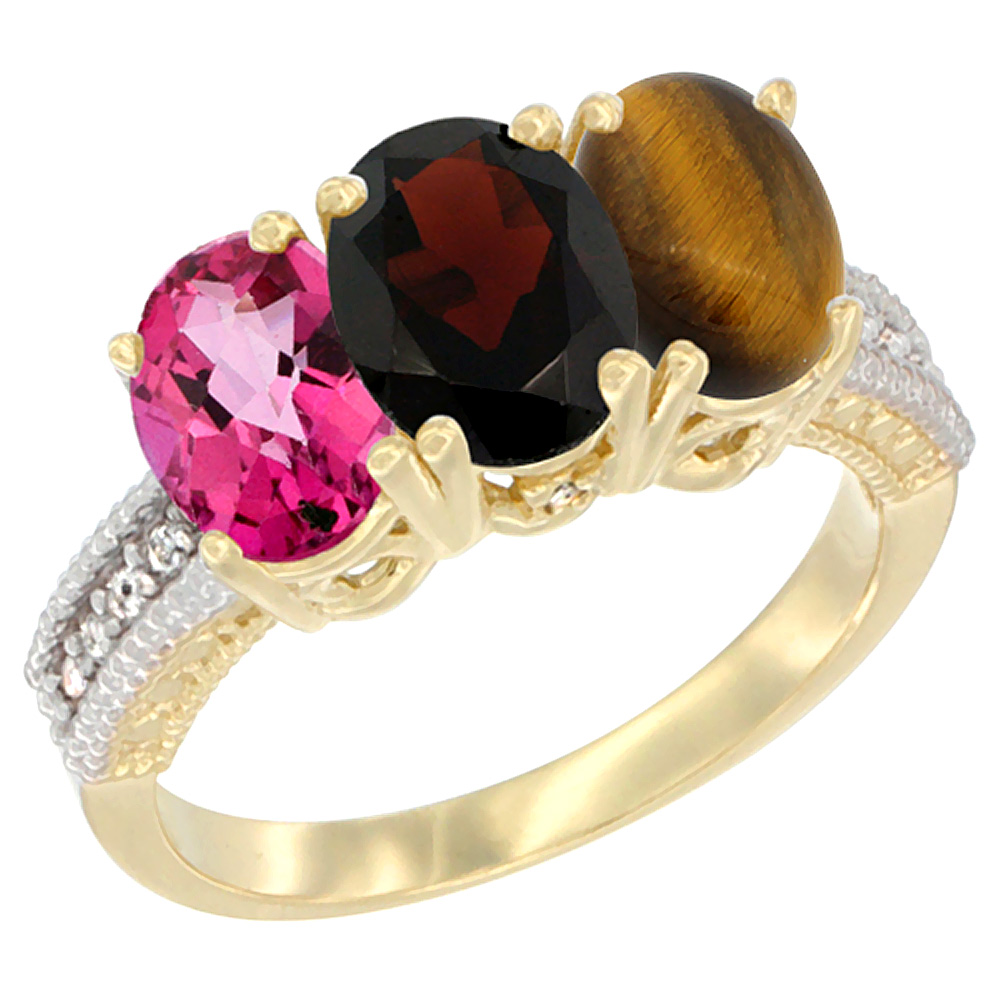 14K Yellow Gold Natural Pink Topaz, Garnet & Tiger Eye Ring 3-Stone 7x5 mm Oval Diamond Accent, sizes 5 - 10