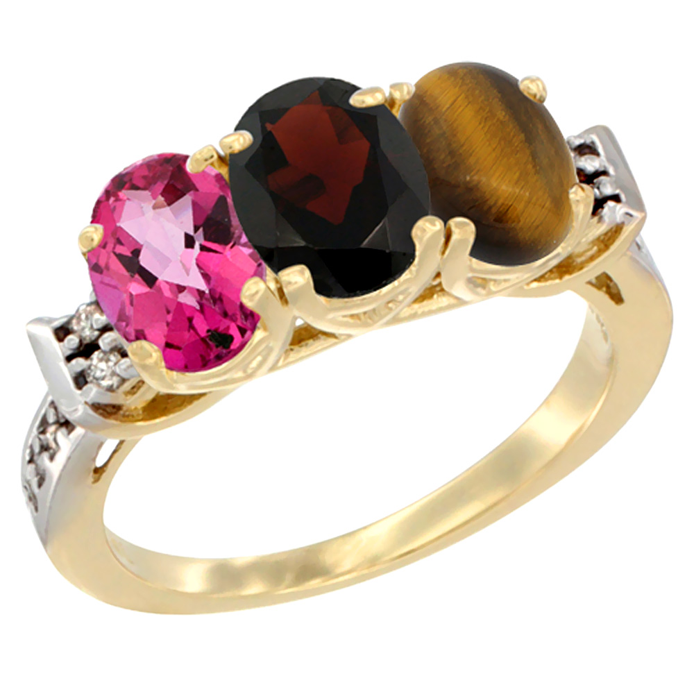 10K Yellow Gold Natural Pink Topaz, Garnet &amp; Tiger Eye Ring 3-Stone Oval 7x5 mm Diamond Accent, sizes 5 - 10