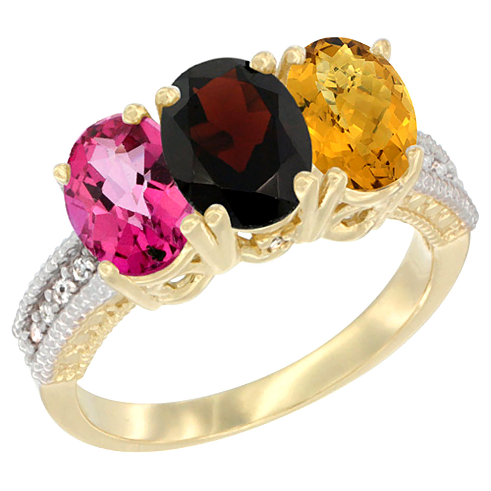 10K Yellow Gold Diamond Natural Pink Topaz, Garnet & Whisky Quartz Ring 3-Stone Oval 7x5 mm, sizes 5 - 10