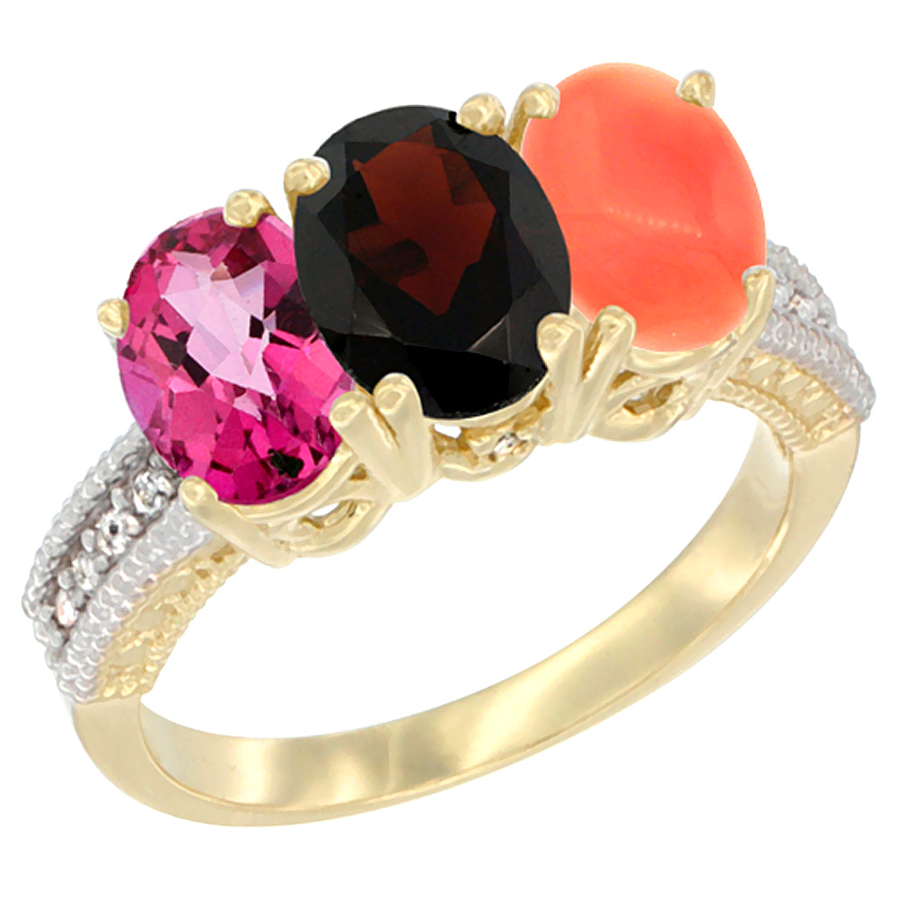 10K Yellow Gold Diamond Natural Pink Topaz, Garnet & Coral Ring 3-Stone Oval 7x5 mm, sizes 5 - 10