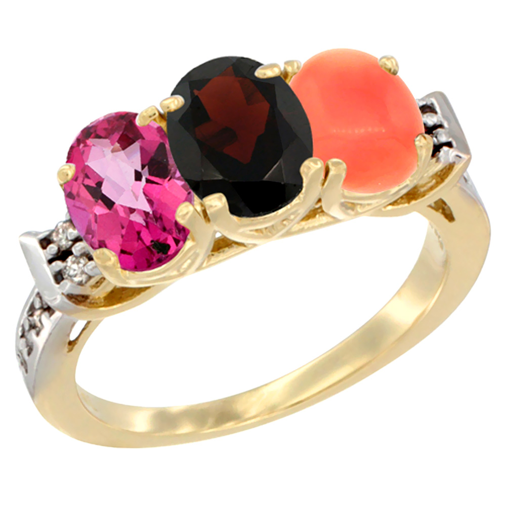 10K Yellow Gold Natural Pink Topaz, Garnet &amp; Coral Ring 3-Stone Oval 7x5 mm Diamond Accent, sizes 5 - 10