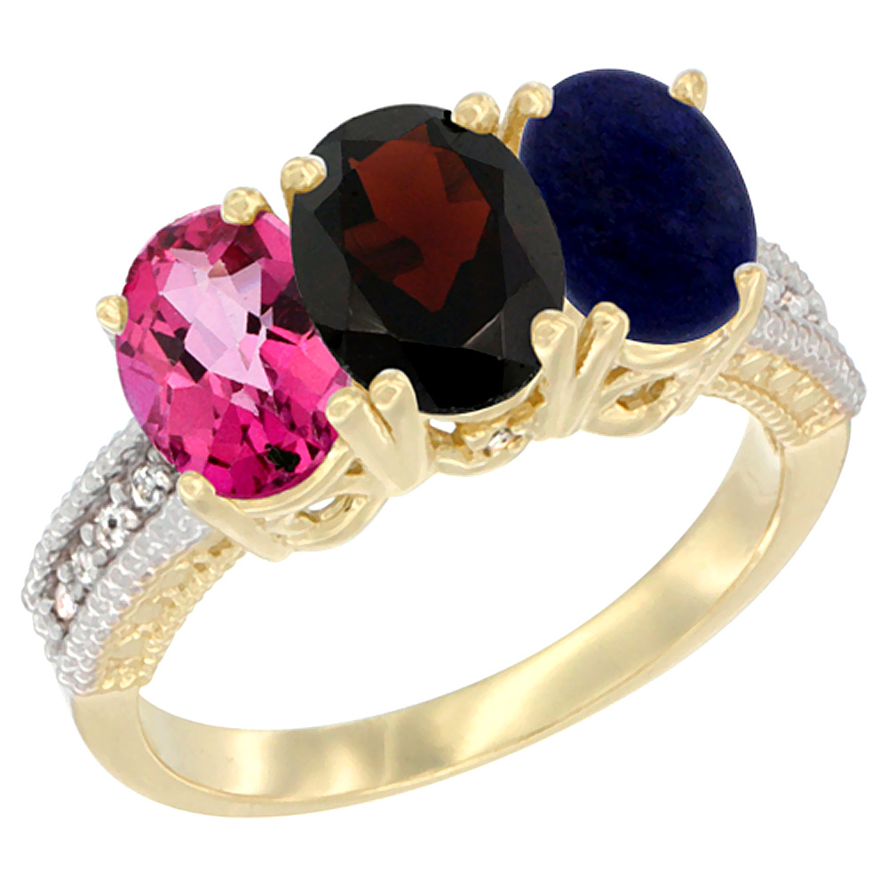 14K Yellow Gold Natural Pink Topaz, Garnet & Lapis Ring 3-Stone 7x5 mm Oval Diamond Accent, sizes 5 - 10