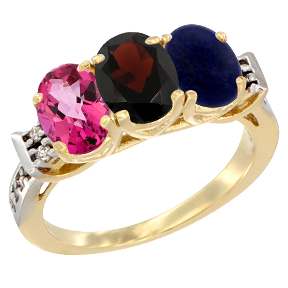 10K Yellow Gold Natural Pink Topaz, Garnet & Lapis Ring 3-Stone Oval 7x5 mm Diamond Accent, sizes 5 - 10