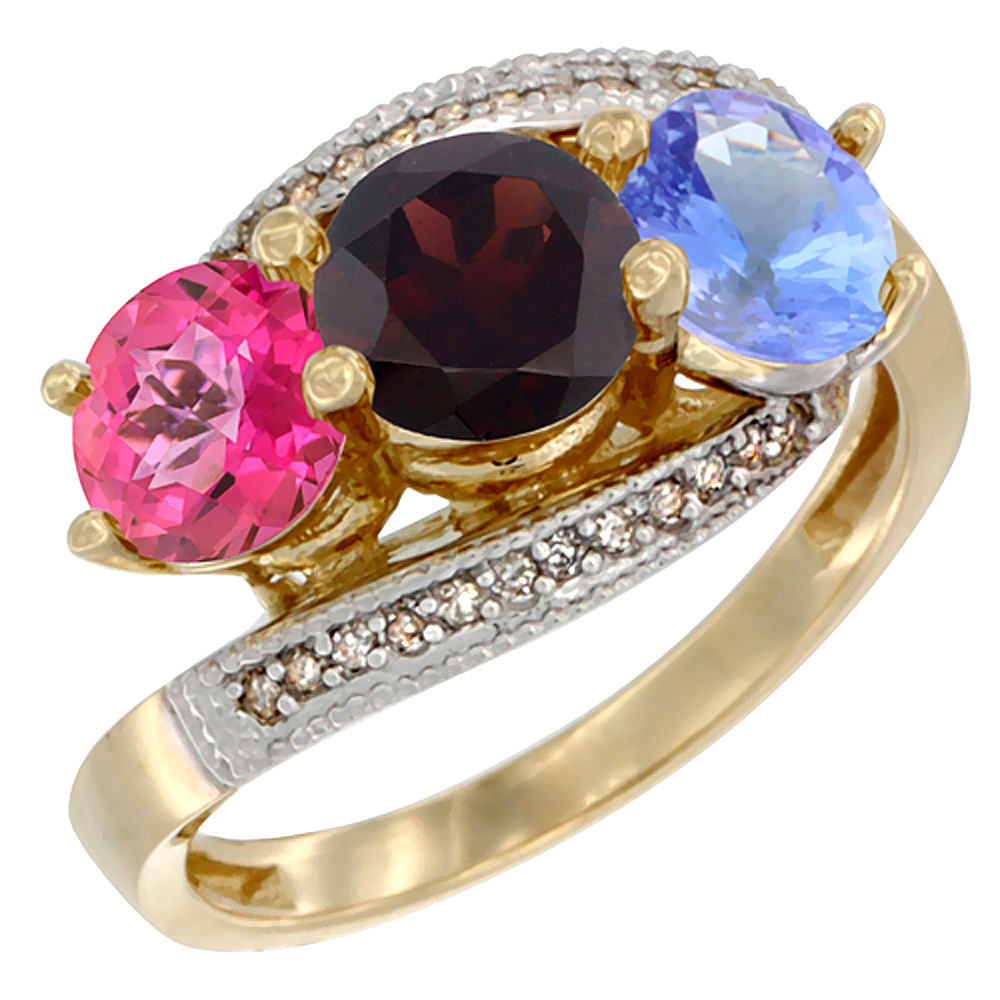 10K Yellow Gold Natural Pink Topaz, Garnet &amp; Tanzanite 3 stone Ring Round 6mm Diamond Accent, sizes 5 - 10