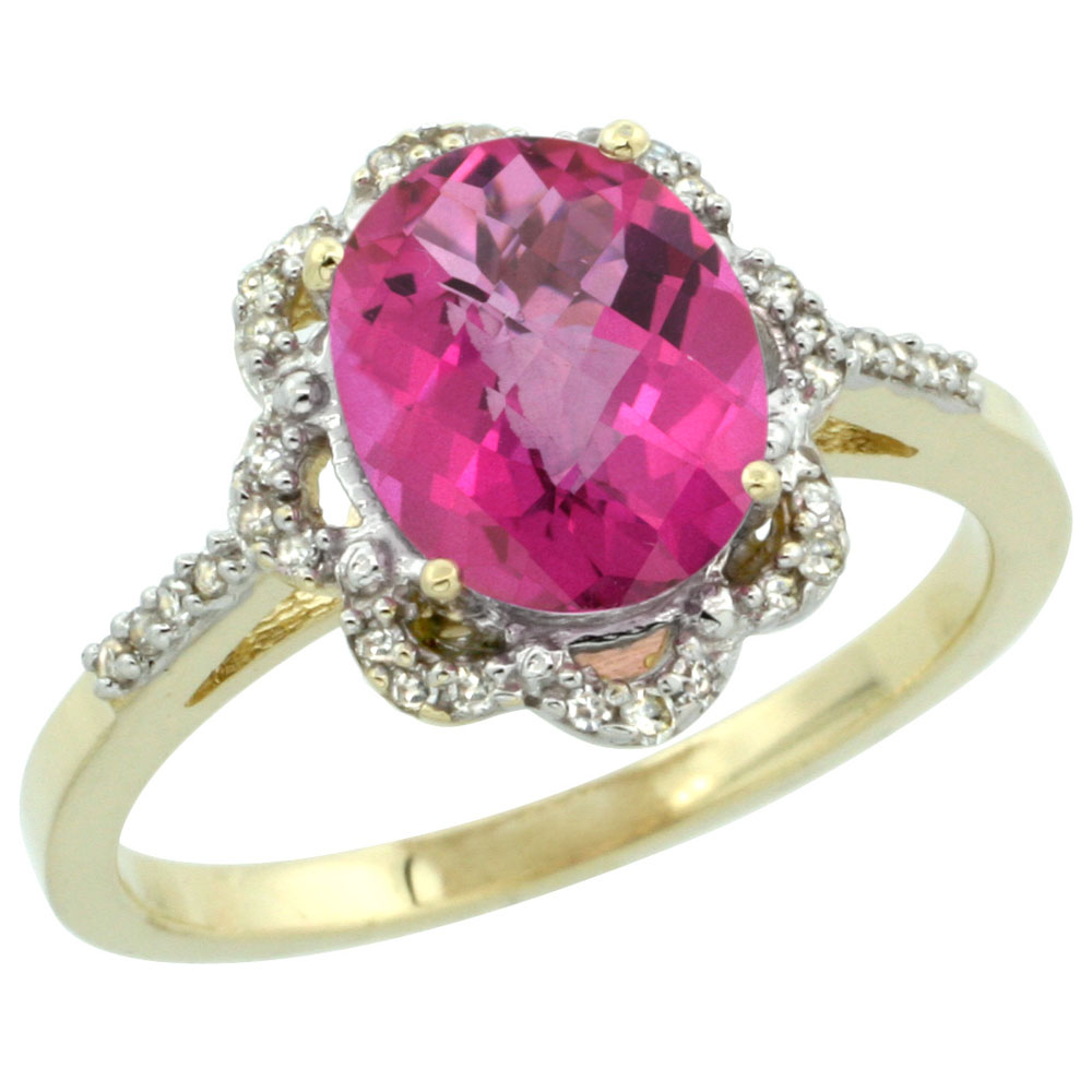 10K Yellow Gold Diamond Halo Natural Pink Topaz Engagement Ring Oval 9x7mm, sizes 5-10