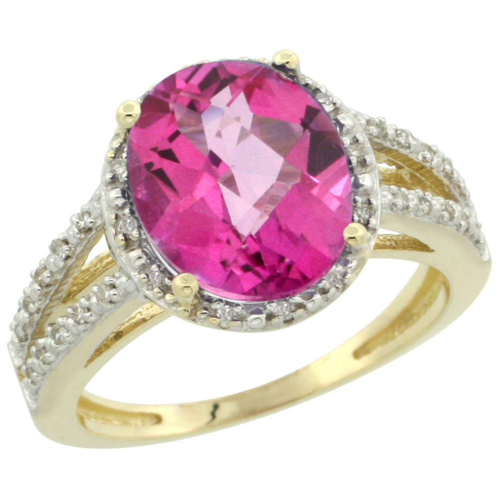 14K Yellow Gold Natural Pink Topaz Diamond Halo Ring Oval 11x9mm, sizes 5-10