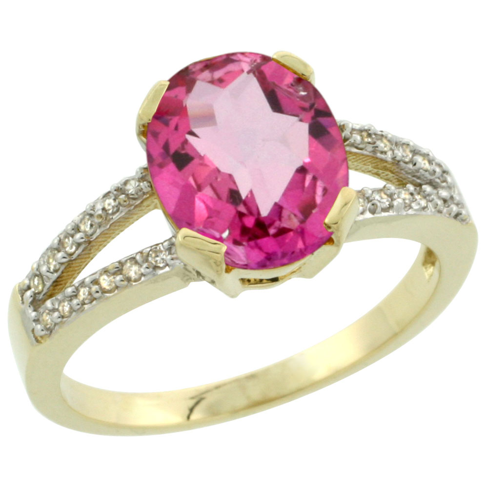 10K Yellow Gold Diamond Natural Pink Topaz Engagement Ring Oval 10x8mm, sizes 5-10