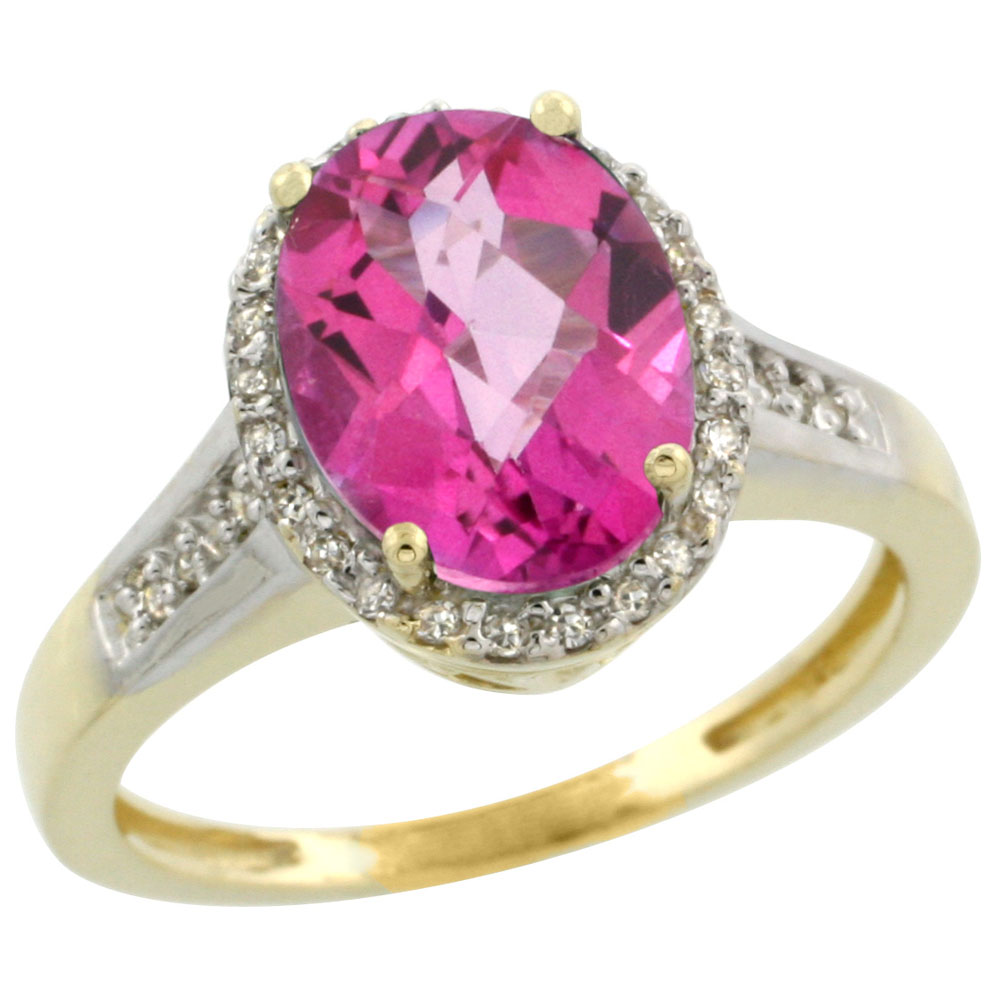 10K Yellow Gold Diamond Natural Pink Topaz Engagement Ring Oval 10x8mm, sizes 5-10