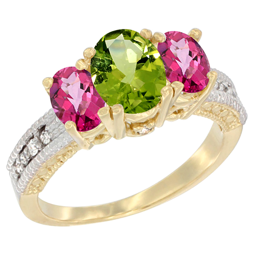 10K Yellow Gold Diamond Natural Peridot Ring Oval 3-stone with Pink Topaz, sizes 5 - 10