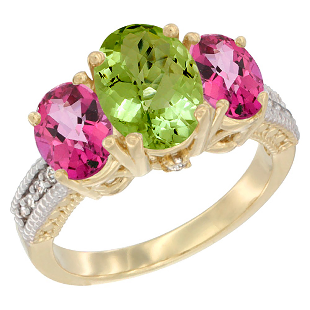 10K Yellow Gold Diamond Natural Peridot Ring 3-Stone Oval 8x6mm with Pink Topaz, sizes5-10