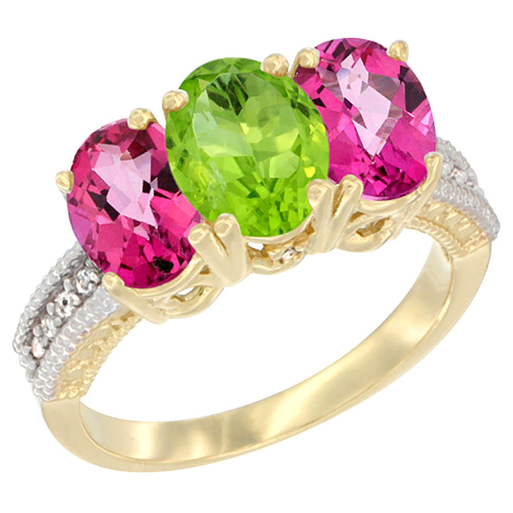 10K Yellow Gold Diamond Natural Peridot & Pink Topaz Ring 3-Stone Oval 7x5 mm, sizes 5 - 10