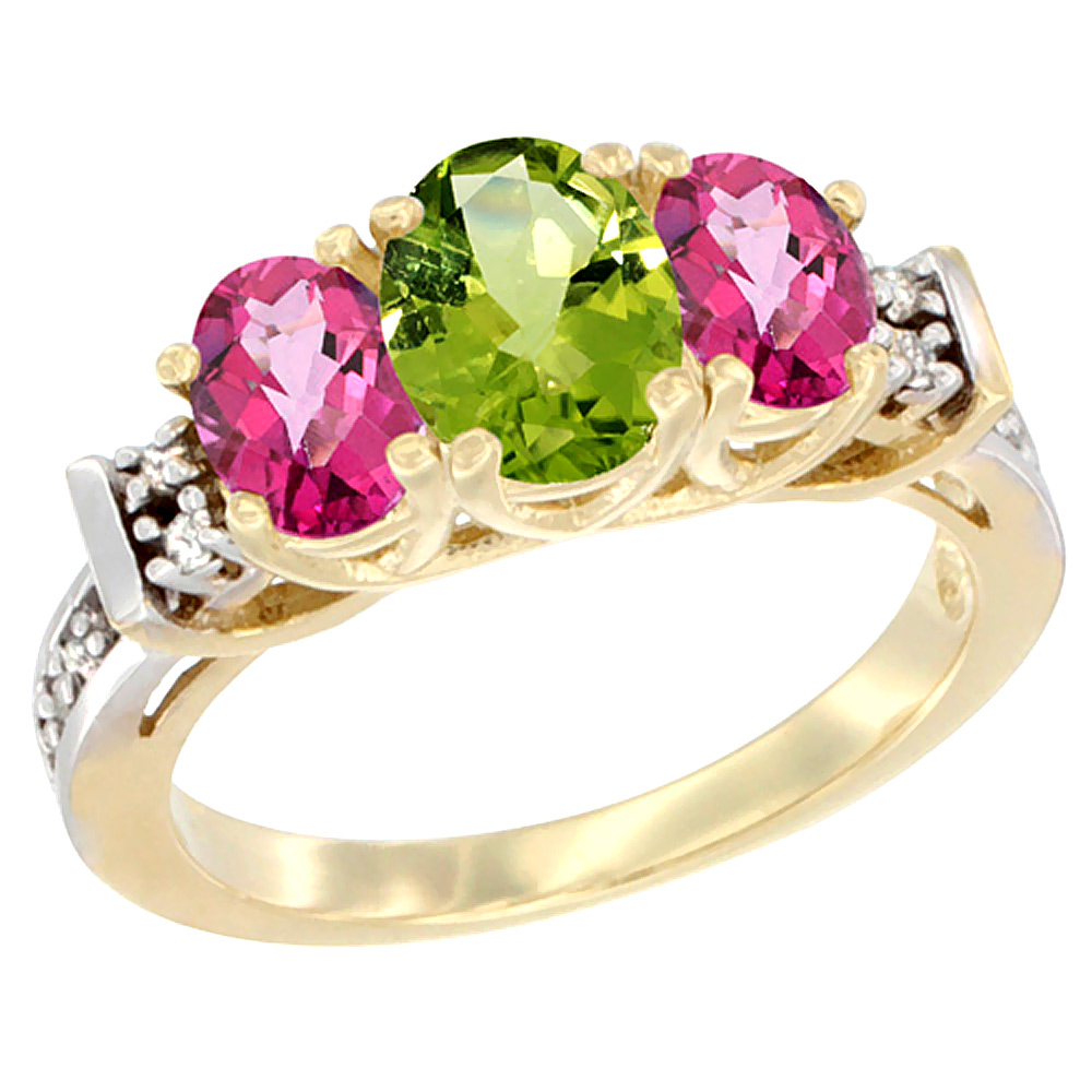 14K Yellow Gold Natural Peridot & Pink Topaz Ring 3-Stone Oval Diamond Accent