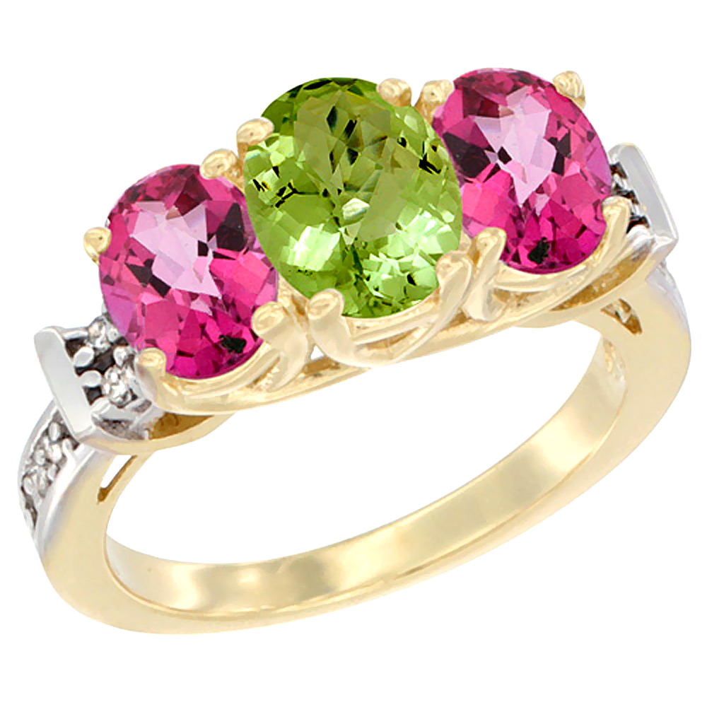10K Yellow Gold Natural Peridot &amp; Pink Topaz Sides Ring 3-Stone Oval Diamond Accent, sizes 5 - 10