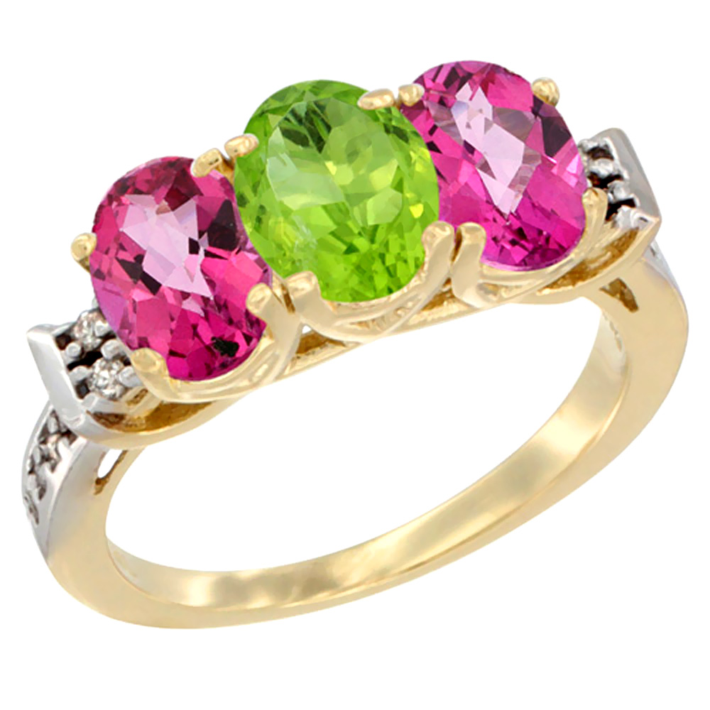10K Yellow Gold Natural Peridot & Pink Topaz Sides Ring 3-Stone Oval 7x5 mm Diamond Accent, sizes 5 - 10