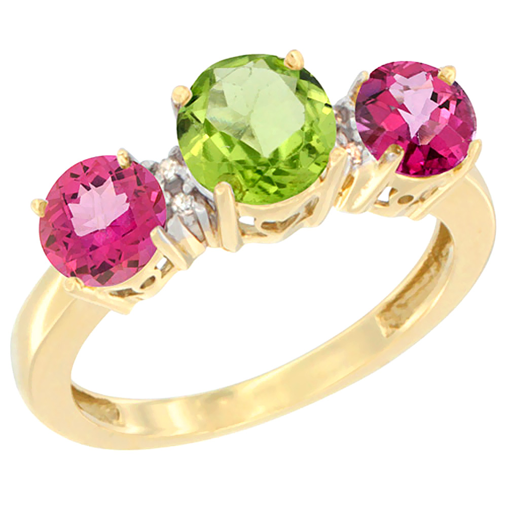 14K Yellow Gold Round 3-Stone Natural Peridot Ring &amp; Pink Topaz Sides Diamond Accent, sizes 5 - 10