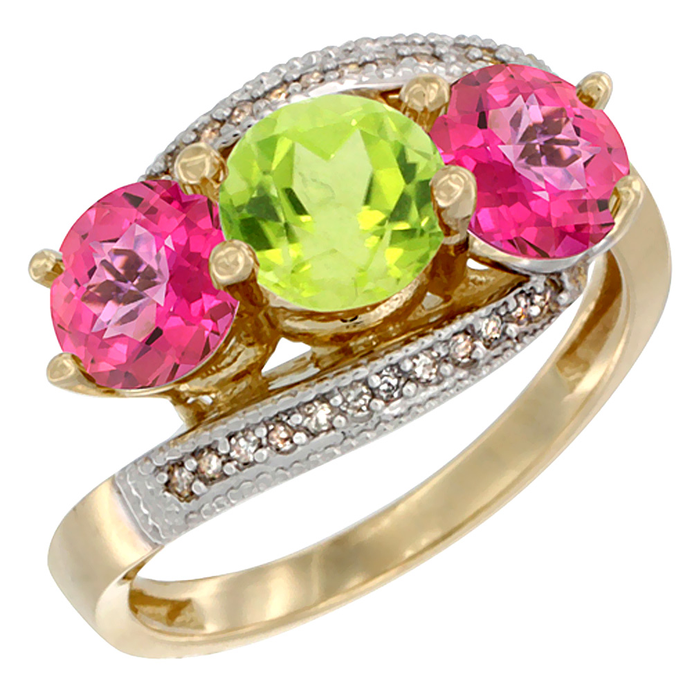 10K Yellow Gold Natural Peridot &amp; Pink Topaz Sides 3 stone Ring Round 6mm Diamond Accent, sizes 5 - 10