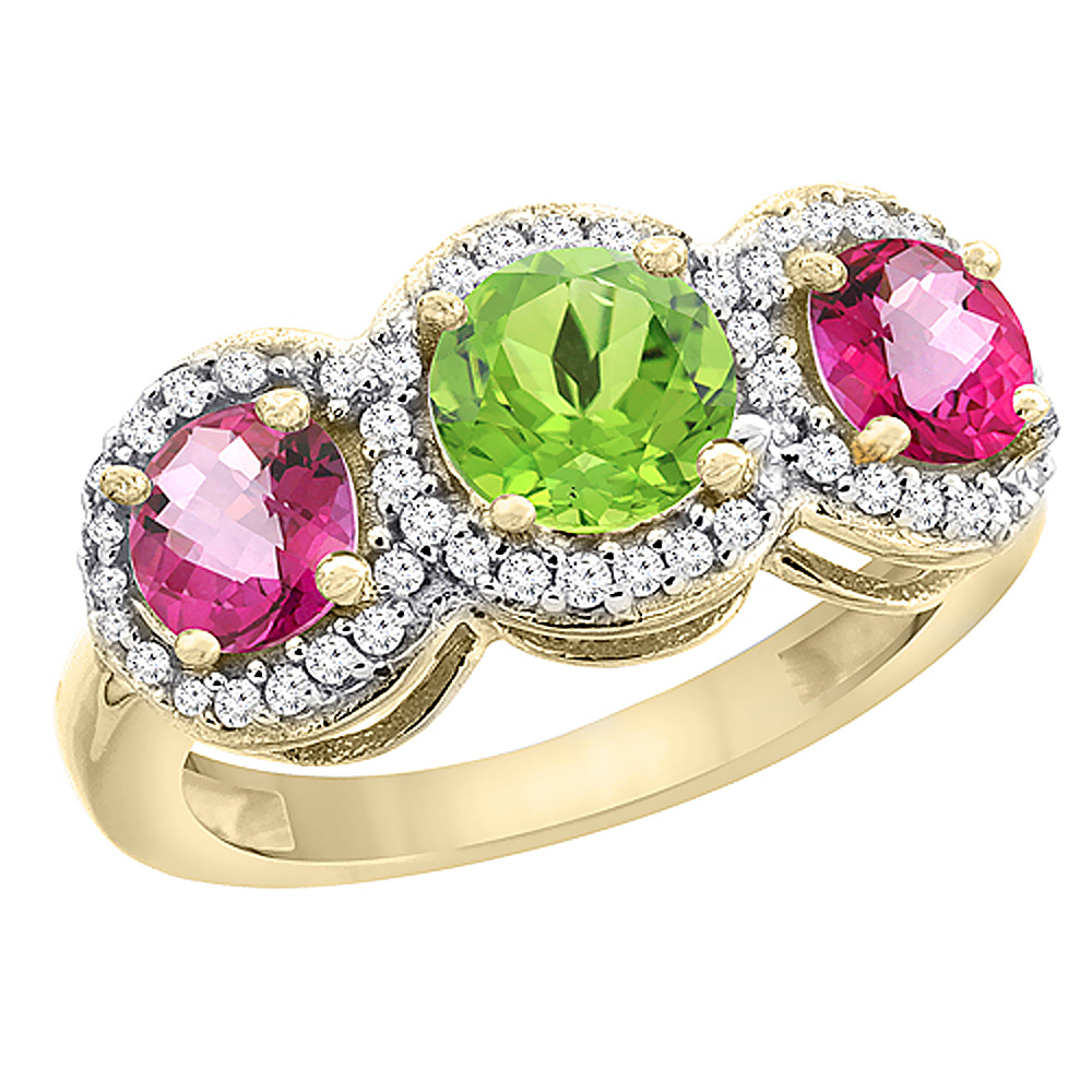 14K Yellow Gold Natural Peridot &amp; Pink Topaz Sides Round 3-stone Ring Diamond Accents, sizes 5 - 10