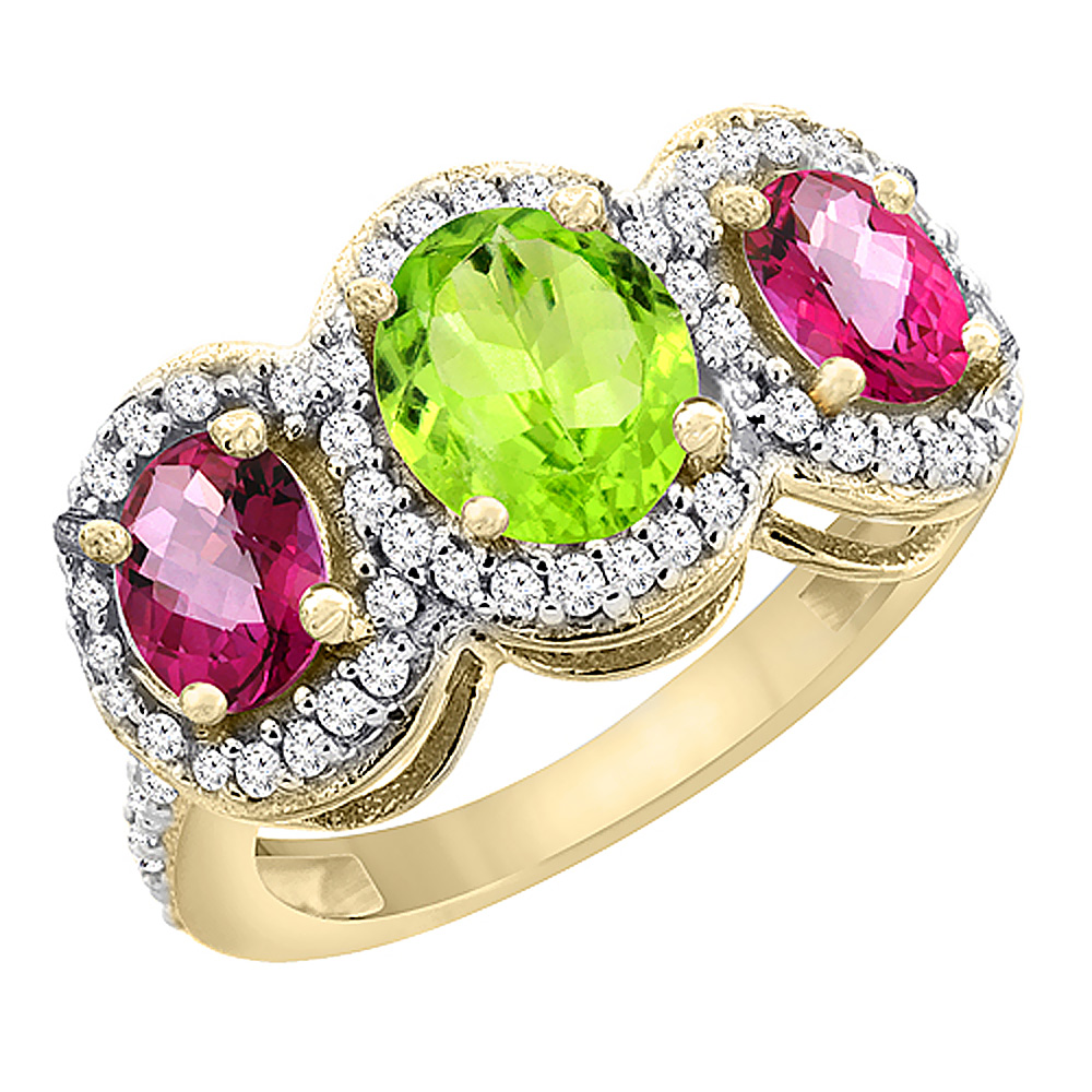 10K Yellow Gold Natural Peridot &amp; Pink Topaz 3-Stone Ring Oval Diamond Accent, sizes 5 - 10