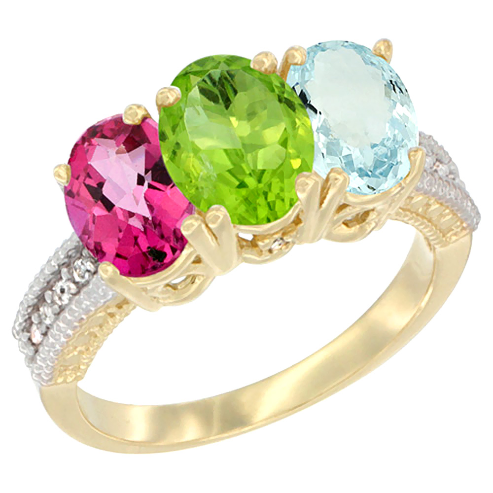 10K Yellow Gold Diamond Natural Pink Topaz, Peridot & Aquamarine Ring 3-Stone Oval 7x5 mm, sizes 5 - 10