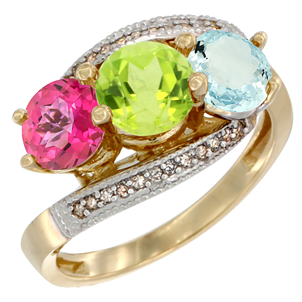 10K Yellow Gold Natural Pink Topaz, Peridot &amp; Aquamarine 3 stone Ring Round 6mm Diamond Accent, sizes 5 - 10