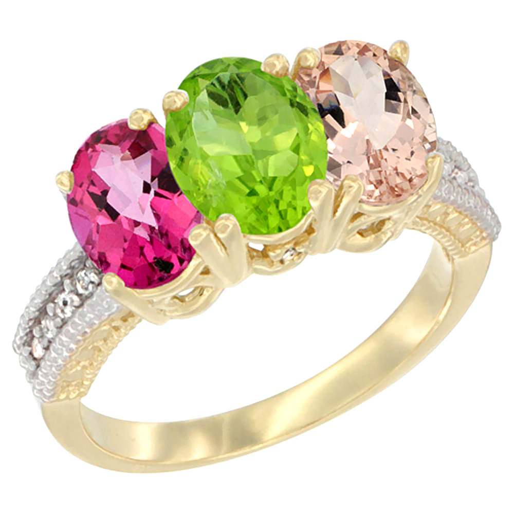 10K Yellow Gold Diamond Natural Pink Topaz, Peridot & Morganite Ring 3-Stone Oval 7x5 mm, sizes 5 - 10