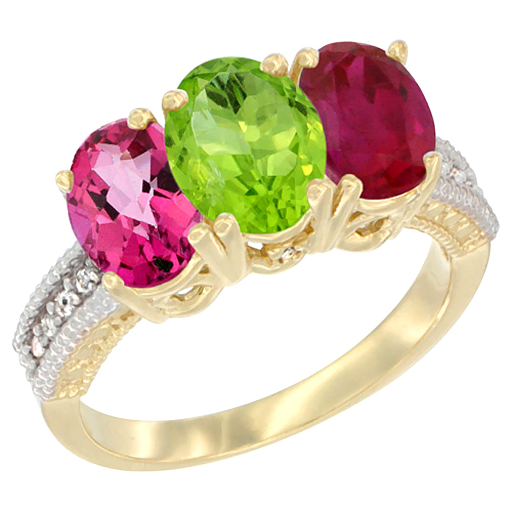 14K Yellow Gold Natural Pink Topaz, Peridot &amp; Enhanced Ruby Ring 3-Stone 7x5 mm Oval Diamond Accent, sizes 5 - 10
