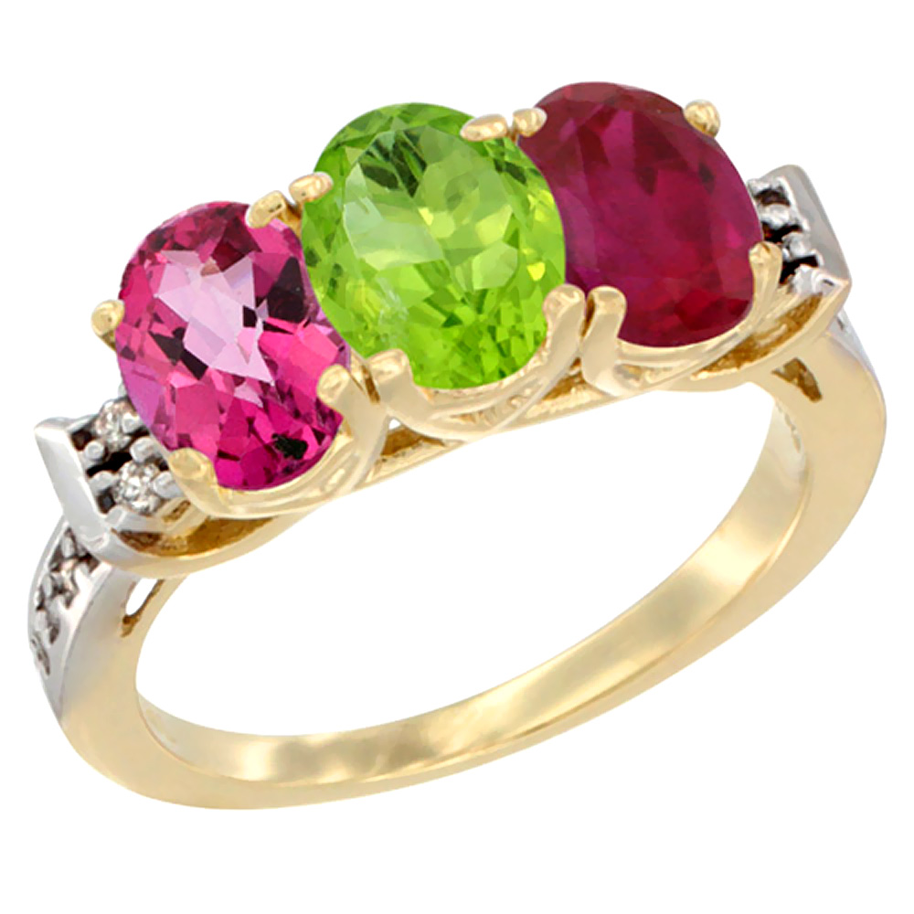 10K Yellow Gold Natural Pink Topaz, Peridot & Enhanced Ruby Ring 3-Stone Oval 7x5 mm Diamond Accent, sizes 5 - 10