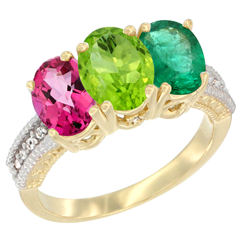 14K Yellow Gold Natural Pink Topaz, Peridot & Emerald Ring 3-Stone 7x5 mm Oval Diamond Accent, sizes 5 - 10