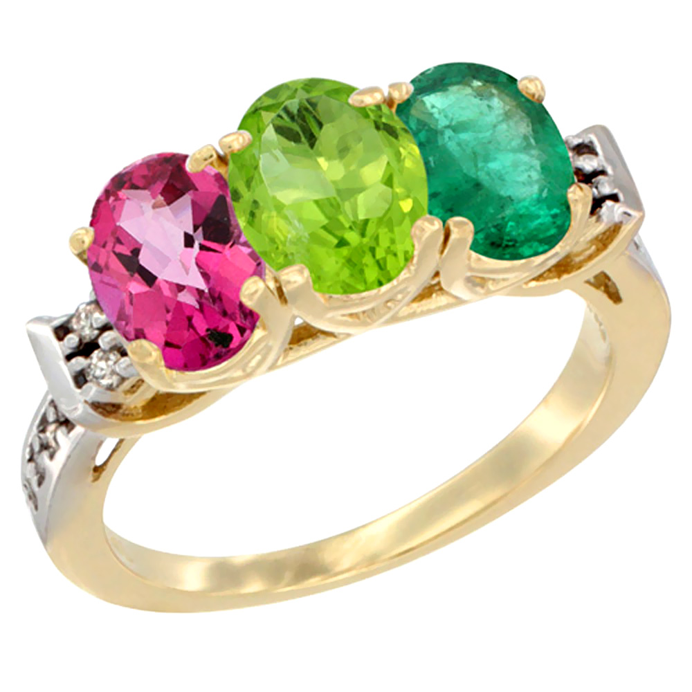 14K Yellow Gold Natural Pink Topaz, Peridot & Emerald Ring 3-Stone 7x5 mm Oval Diamond Accent, sizes 5 - 10
