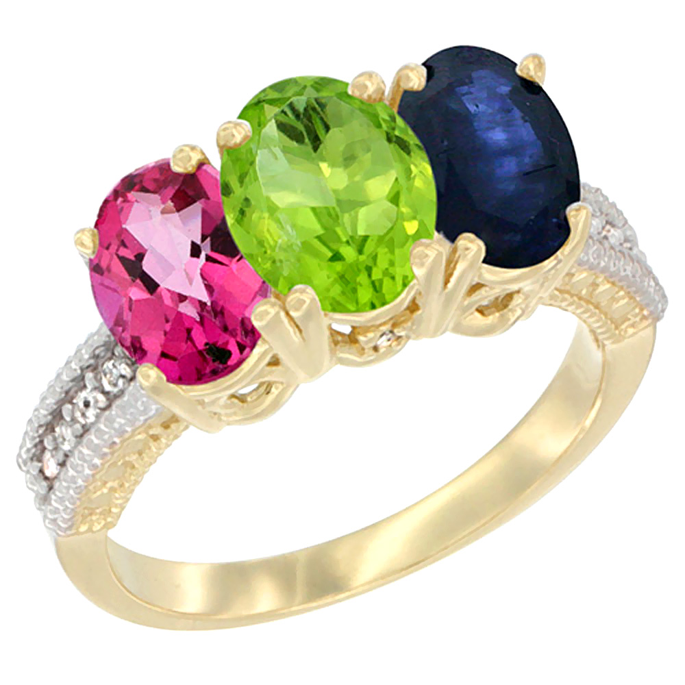 14K Yellow Gold Natural Pink Topaz, Peridot &amp; Blue Sapphire Ring 3-Stone 7x5 mm Oval Diamond Accent, sizes 5 - 10