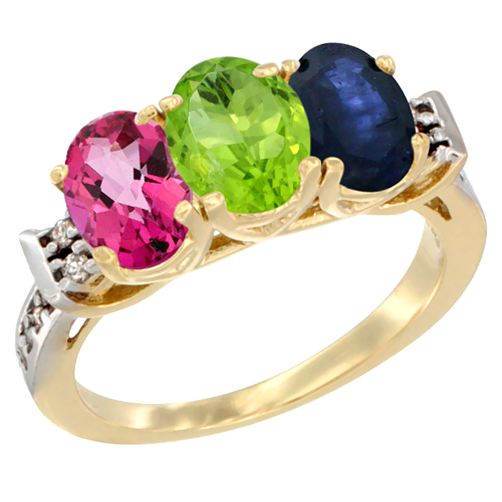 10K Yellow Gold Natural Pink Topaz, Peridot & Blue Sapphire Ring 3-Stone Oval 7x5 mm Diamond Accent, sizes 5 - 10
